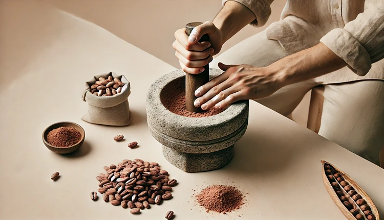 Grinding cacao beans on a traditional stone metate for an ancient Aztec chocolate drink.