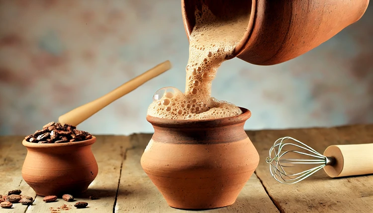 Pouring a traditional Aztec chocolate drink with frothy bubbles forming on top, surrounded by cacao beans and a whisk.