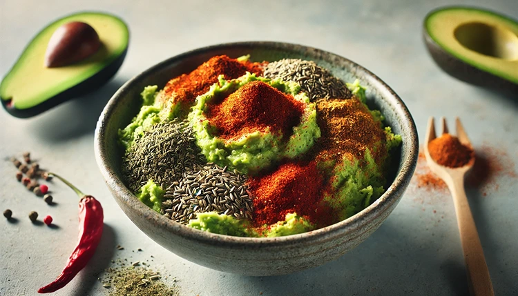 Mashed avocado with chili powder, cumin, and paprika