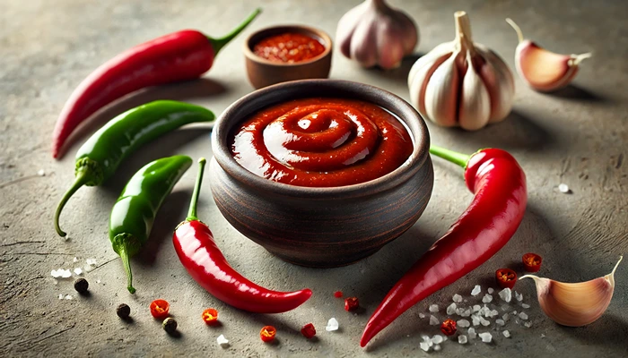Aztec-inspired chili sauce in clay bowl with ancho and chipotle peppers