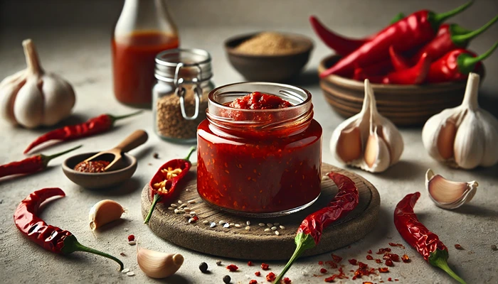 Homemade chili paste in glass jar with dried chilies, garlic, and cumin seeds