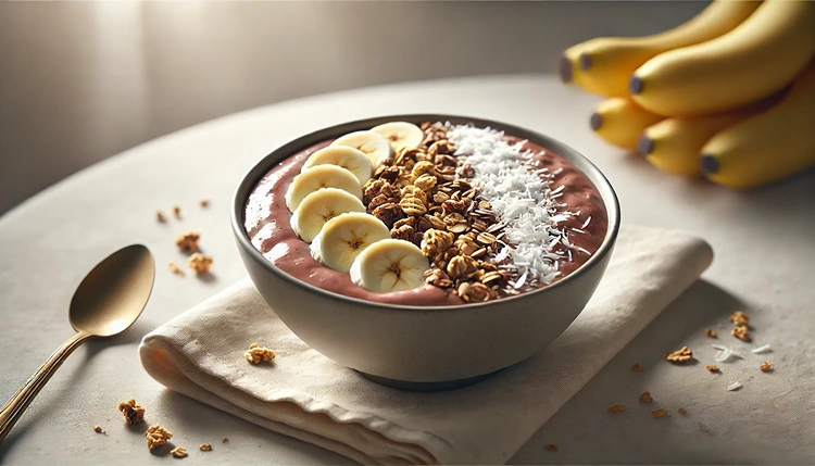 A smoothie bowl made from Chocolate and Chia Seed Smoothie, topped with banana slices, granola, and shredded coconut.