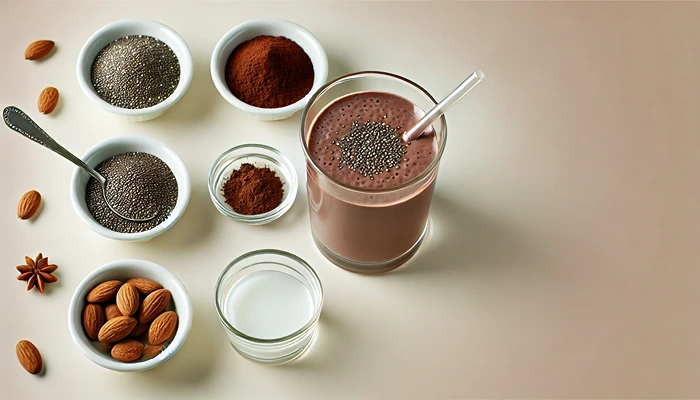 Chocolate and Chia Seed Smoothie with a straw, surrounded by chia seeds, raw cacao powder, and almond milk on a soft background.