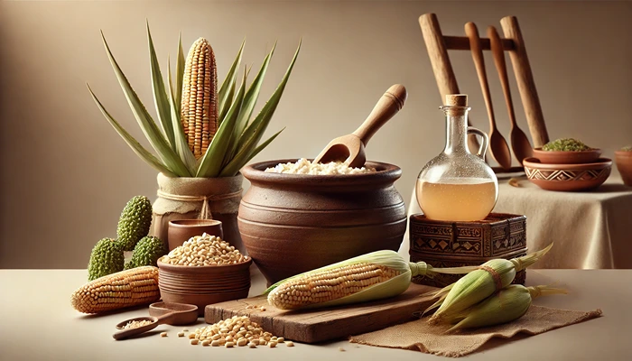 Traditional Aztec recipe preparation with fermenting maize in a clay pot