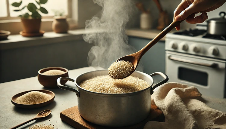 Freshly cooked amaranth being stirred with a wooden spoon in a rustic kitchen