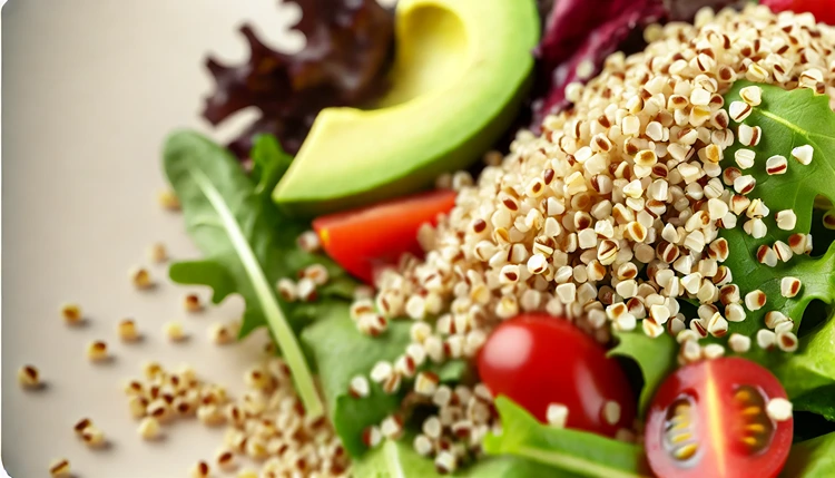 Nutritious amaranth salad with mixed greens, tomatoes, and avocado