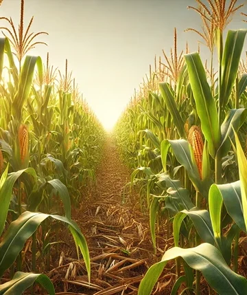 Lush golden cornfield with tall corn stalks in warm sunlight ready for harvest