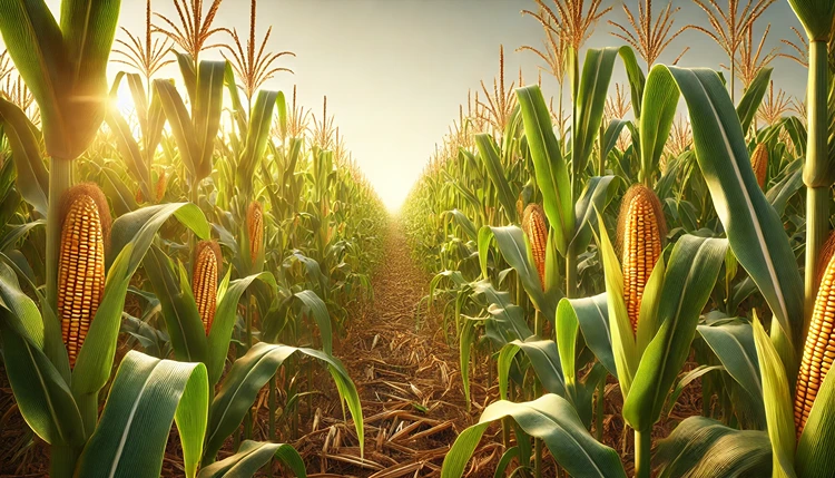 Lush golden cornfield with tall corn stalks in warm sunlight ready for harvest