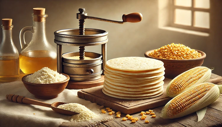 Freshly made corn tortillas with masa, corn kernels, and a tortilla press in a traditional kitchen setting.