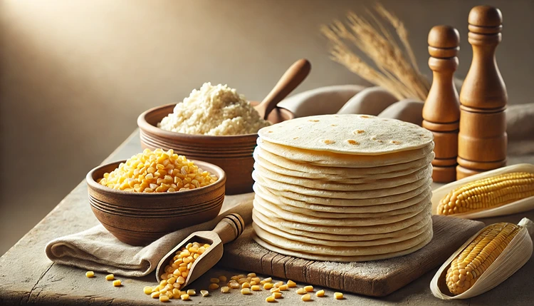 Freshly made tortillas and masa dough from nixtamalized maize