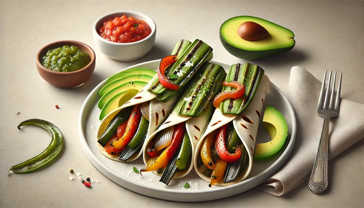 Vegan grilled nopales fajitas with bell peppers, onions, and tortillas