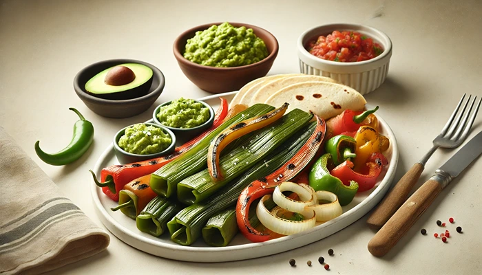 Grilled nopales fajitas with bell peppers, onions, tortillas, guacamole, and salsa on a white plate
