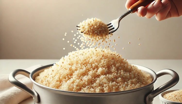 A fresh close-up of cooked quinoa being fluffed with a fork