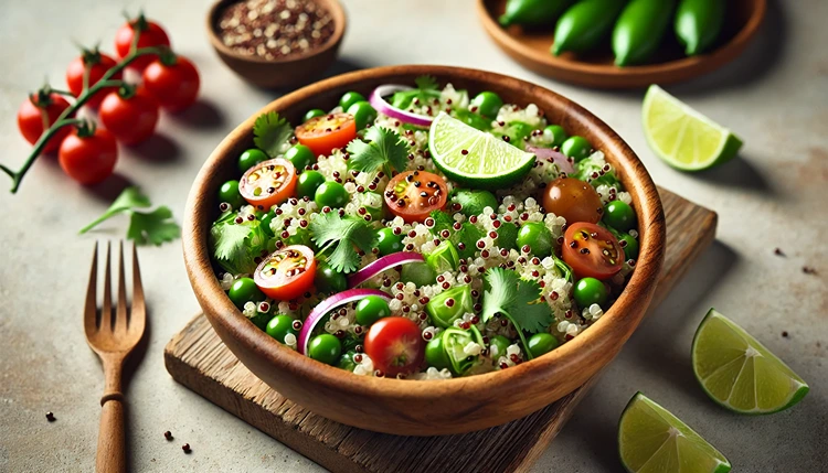 Quinoa and nopal salad with cherry tomatoes, cilantro, and red onions in a wooden bowl