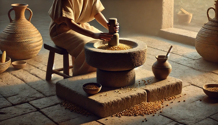 Woman using a metate and mano to grind maize in a traditional Aztec kitchen.