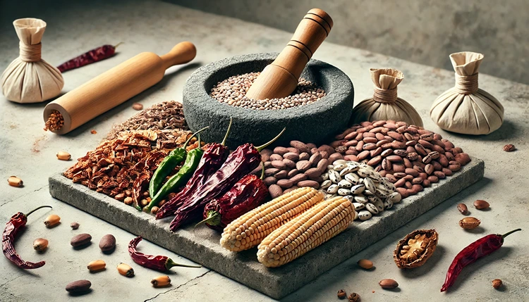 Traditional Aztec ingredients like dried chili peppers, maize, cacao beans, and amaranth seeds on a stone surface.