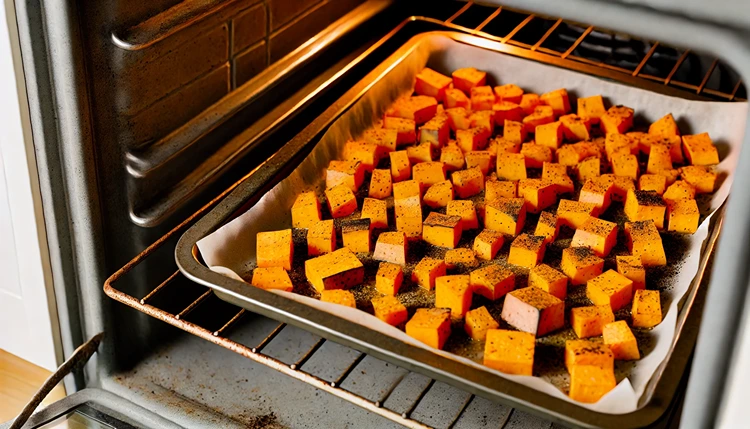 Diced sweet potatoes roasting with Aztec spice blend on a baking tray.