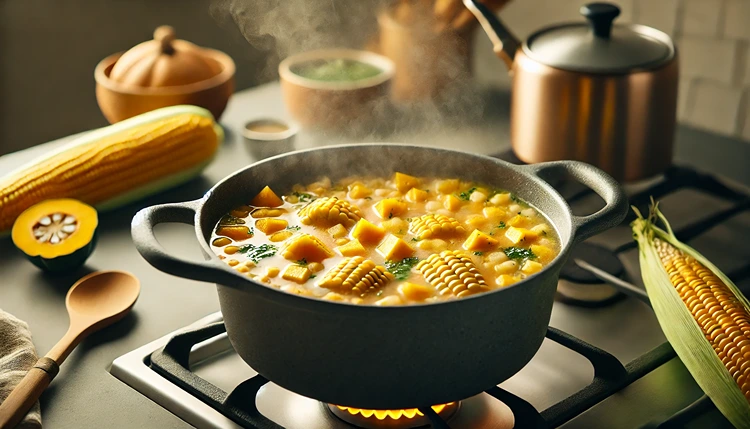 Fresh corn, squash, garlic, onions, and herbs for Traditional Aztec Corn Soup with Squash