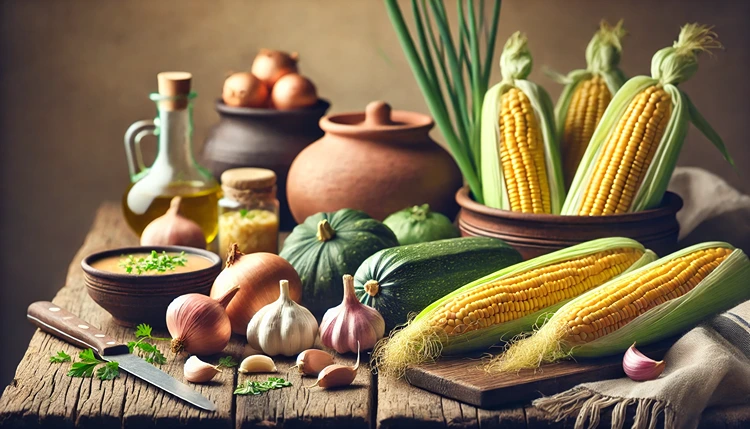 Fresh corn, squash, garlic, onions, and herbs for Traditional Aztec Corn Soup with Squash