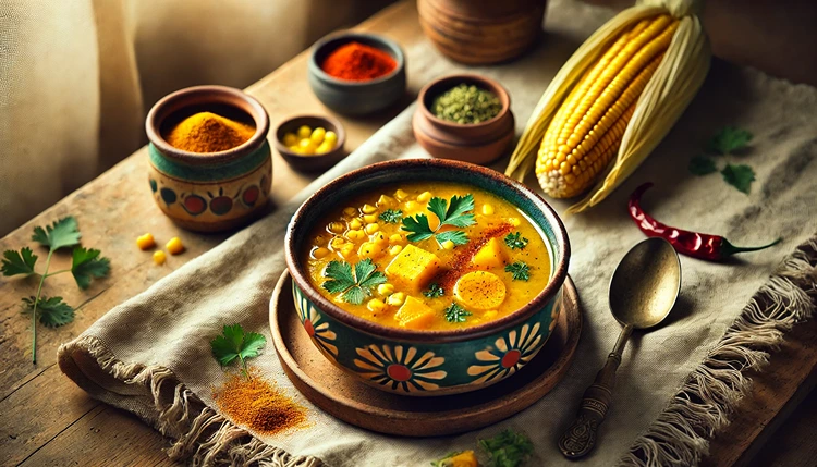 A beautifully styled bowl of Traditional Aztec Corn Soup with Squash, garnished with fresh herbs, in a rustic setting.